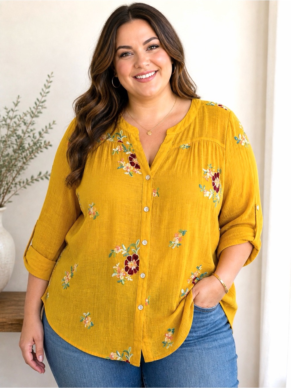 Fig And Flower Anthropology Yellow  Embroidered Roll Tab Sleeve Tunic Top